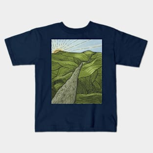 Green Hills and Sun Line Art Design Kids T-Shirt